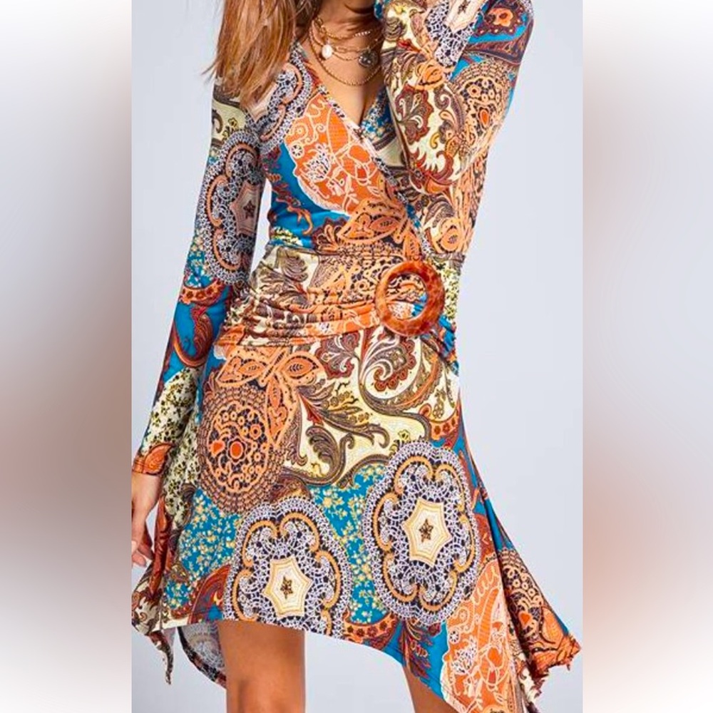 Venus ladies handkerchief turquoise brown orange paisley faux wrap dress